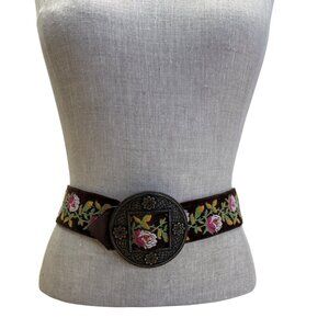 Vintage Hadley Pollet Embroidered Velvet Belt With Floral Design & Metal Buckle